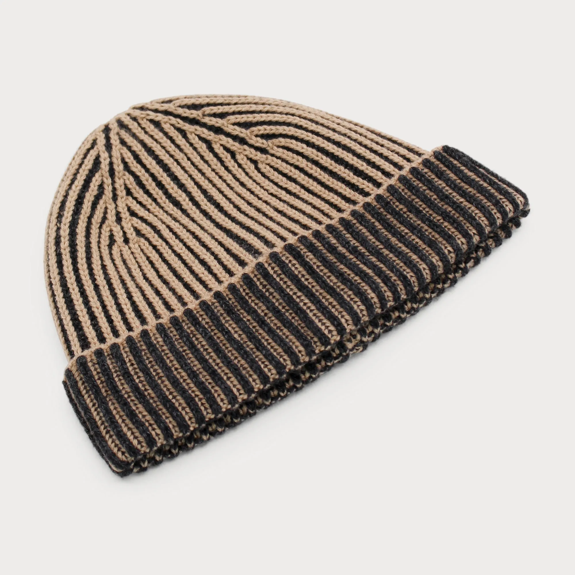 Arista Recycled-Polyester Ribbed Knit Beanie in Beige and Charcoal Black