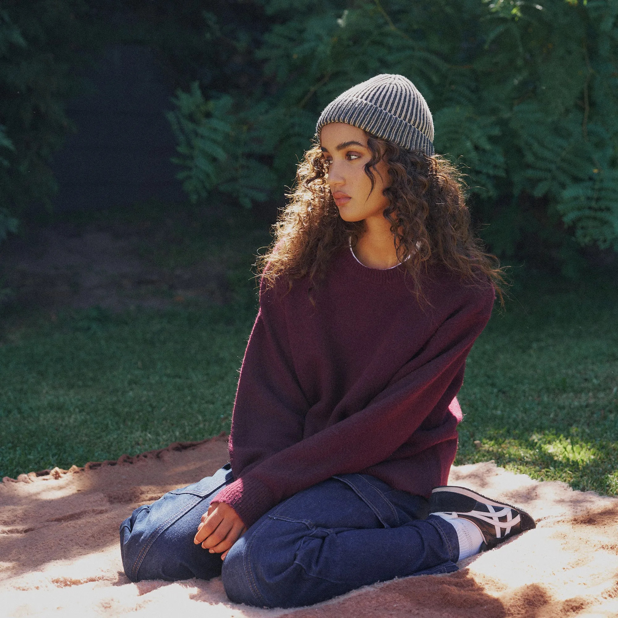Arista Recycled-Polyester Ribbed Knit Beanie in Beige and Charcoal Black