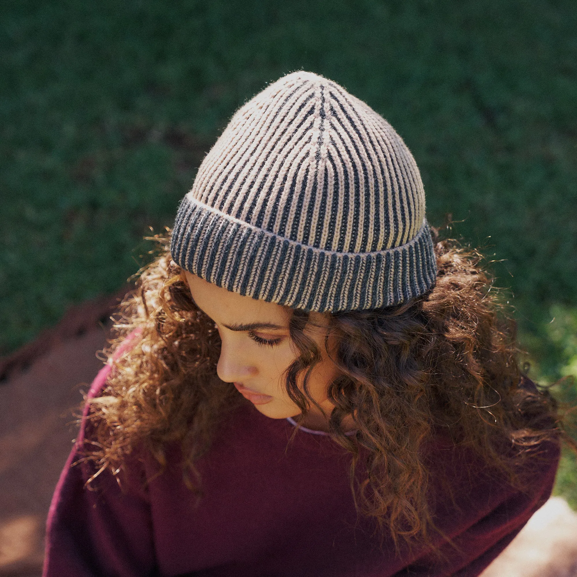 Arista Recycled-Polyester Ribbed Knit Beanie in Beige and Charcoal Black