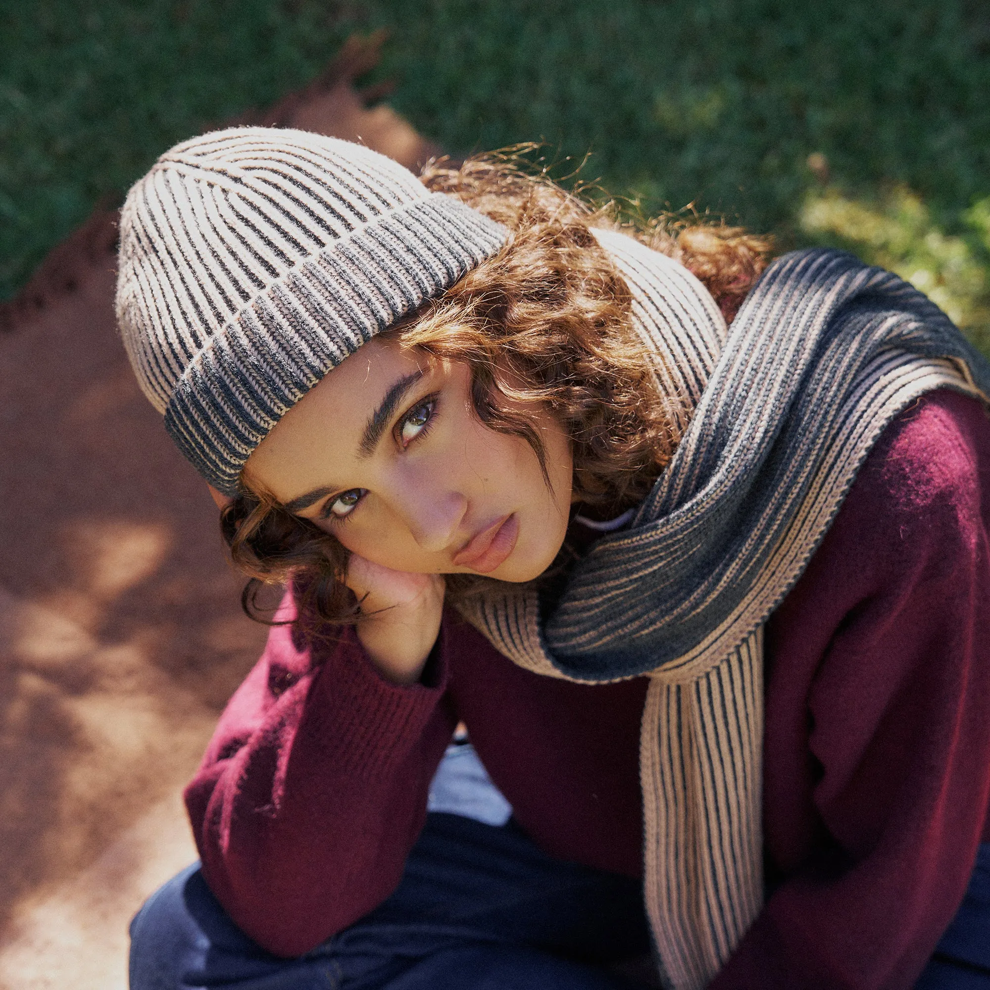Arista Recycled-Polyester Ribbed Knit Beanie in Beige and Charcoal Black