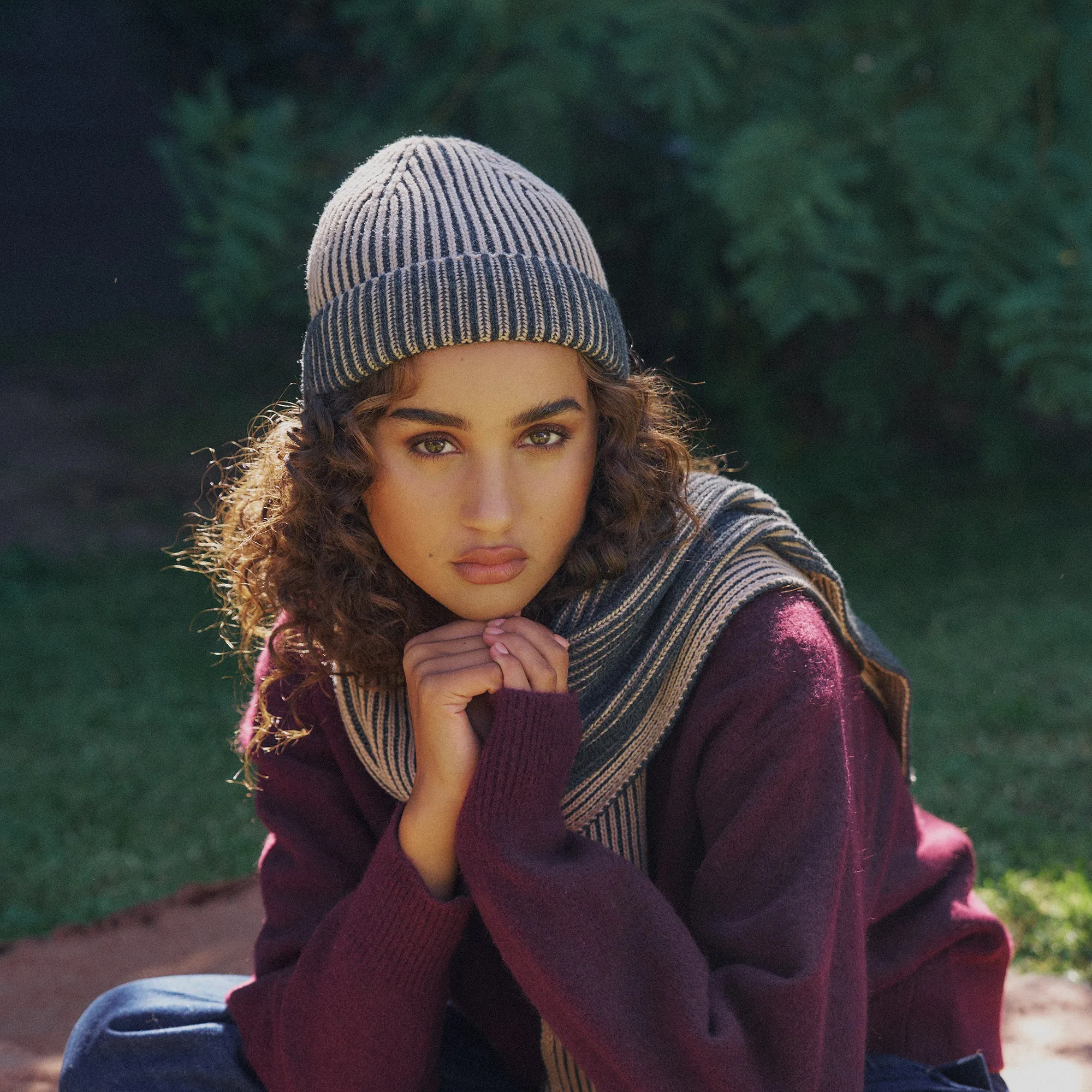 Arista Recycled-Polyester Ribbed Knit Beanie in Beige and Charcoal Black