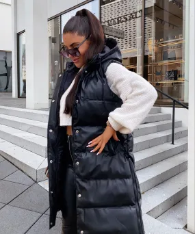 Black Sleeveless long Leather Jacket For Women-2021
