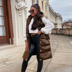 Brown Sleeveless long Leather Jacket For Women-2021