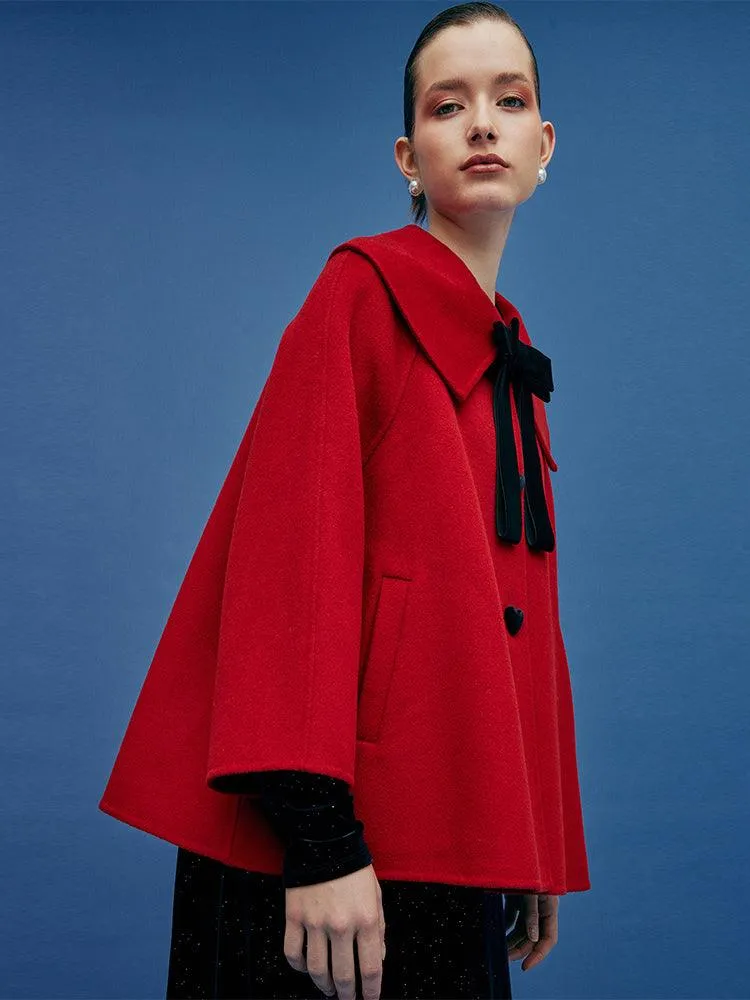Chili Red Lapel Cape Woolen Coat