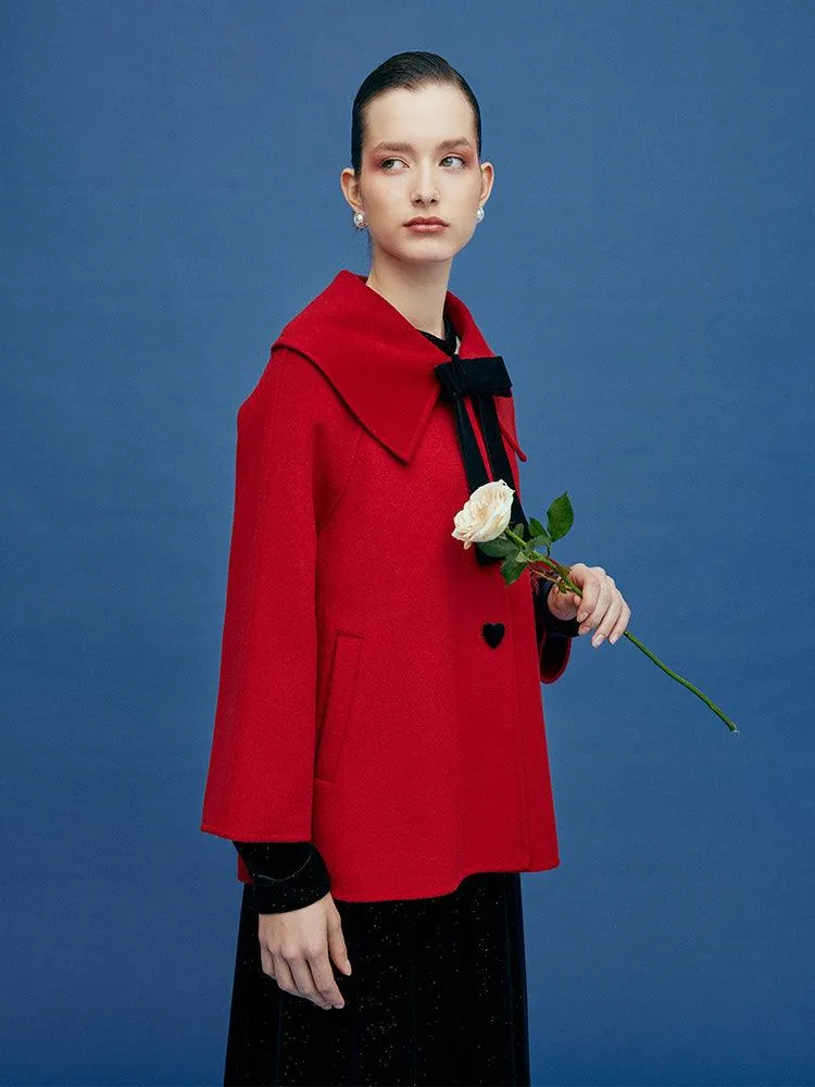 Chili Red Lapel Cape Woolen Coat