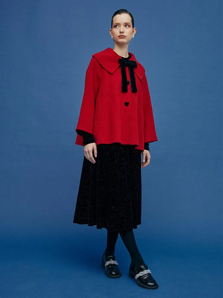 Chili Red Lapel Cape Woolen Coat