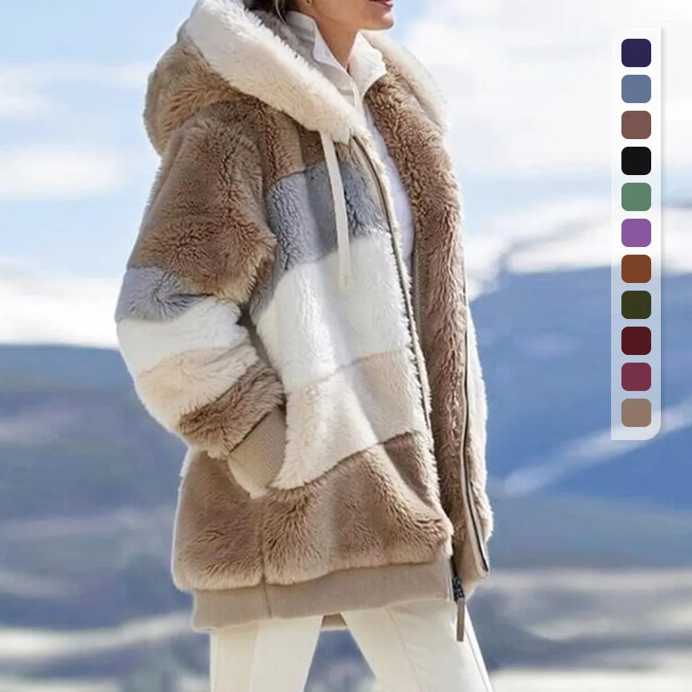 Contrasting Lamb Wool Padded Warm Plush Hooded Loose Coat for Winter🐑