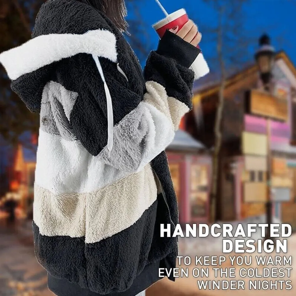 Contrasting Lamb Wool Padded Warm Plush Hooded Loose Coat for Winter🐑