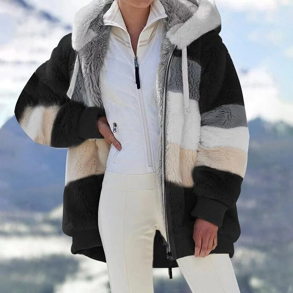 Contrasting Lamb Wool Padded Warm Plush Hooded Loose Coat for Winter🐑