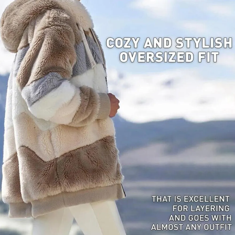 Contrasting Lamb Wool Padded Warm Plush Hooded Loose Coat for Winter🐑