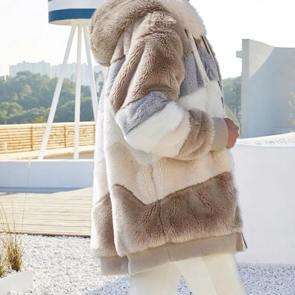 Contrasting Lamb Wool Padded Warm Plush Hooded Loose Coat for Winter🐑