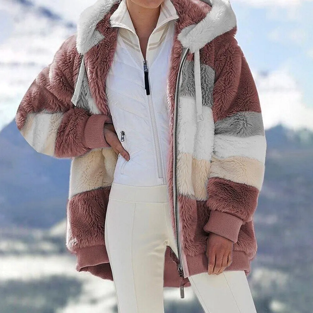 Contrasting Lamb Wool Padded Warm Plush Hooded Loose Coat for Winter🐑