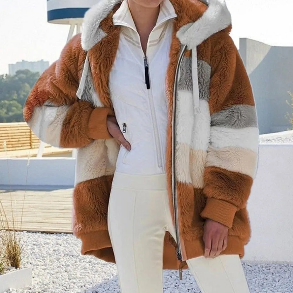 Contrasting Lamb Wool Padded Warm Plush Hooded Loose Coat for Winter🐑