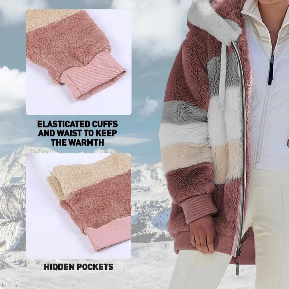 Contrasting Lamb Wool Padded Warm Plush Hooded Loose Coat for Winter🐑