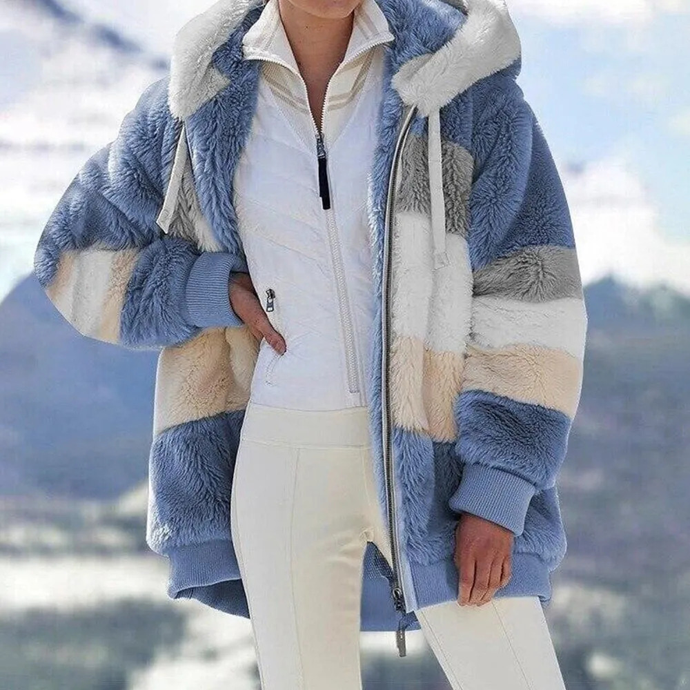 Contrasting Lamb Wool Padded Warm Plush Hooded Loose Coat for Winter🐑