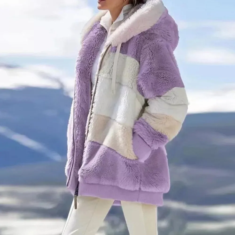 Contrasting Lamb Wool Padded Warm Plush Hooded Loose Coat for Winter🐑