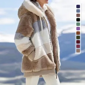 Contrasting Lamb Wool Padded Warm Plush Hooded Loose Coat for Winter🐑