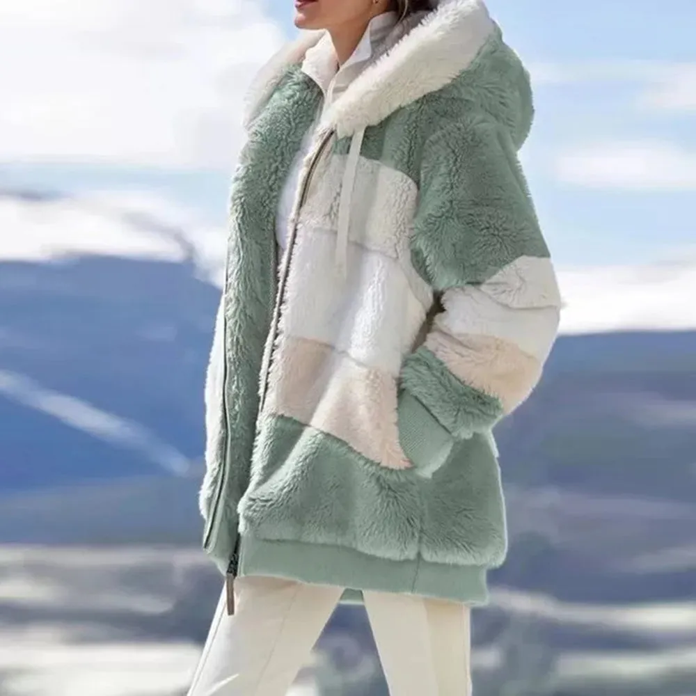 Contrasting Lamb Wool Padded Warm Plush Hooded Loose Coat for Winter🐑