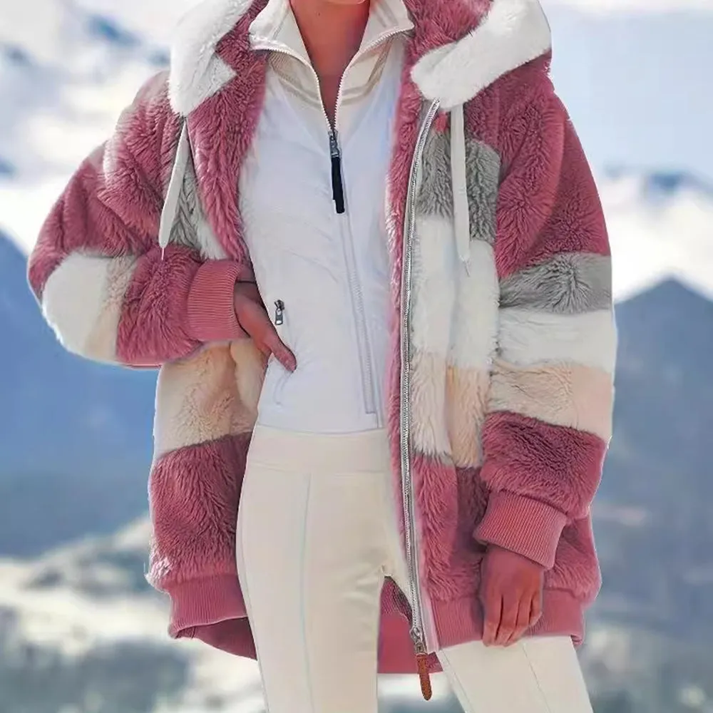 Contrasting Lamb Wool Padded Warm Plush Hooded Loose Coat for Winter🐑