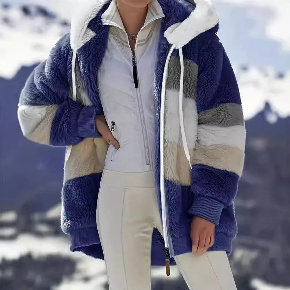 Contrasting Lamb Wool Padded Warm Plush Hooded Loose Coat for Winter🐑