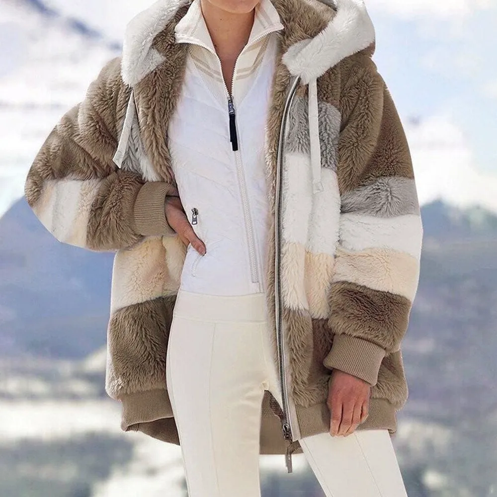 Contrasting Lamb Wool Padded Warm Plush Hooded Loose Coat for Winter🐑