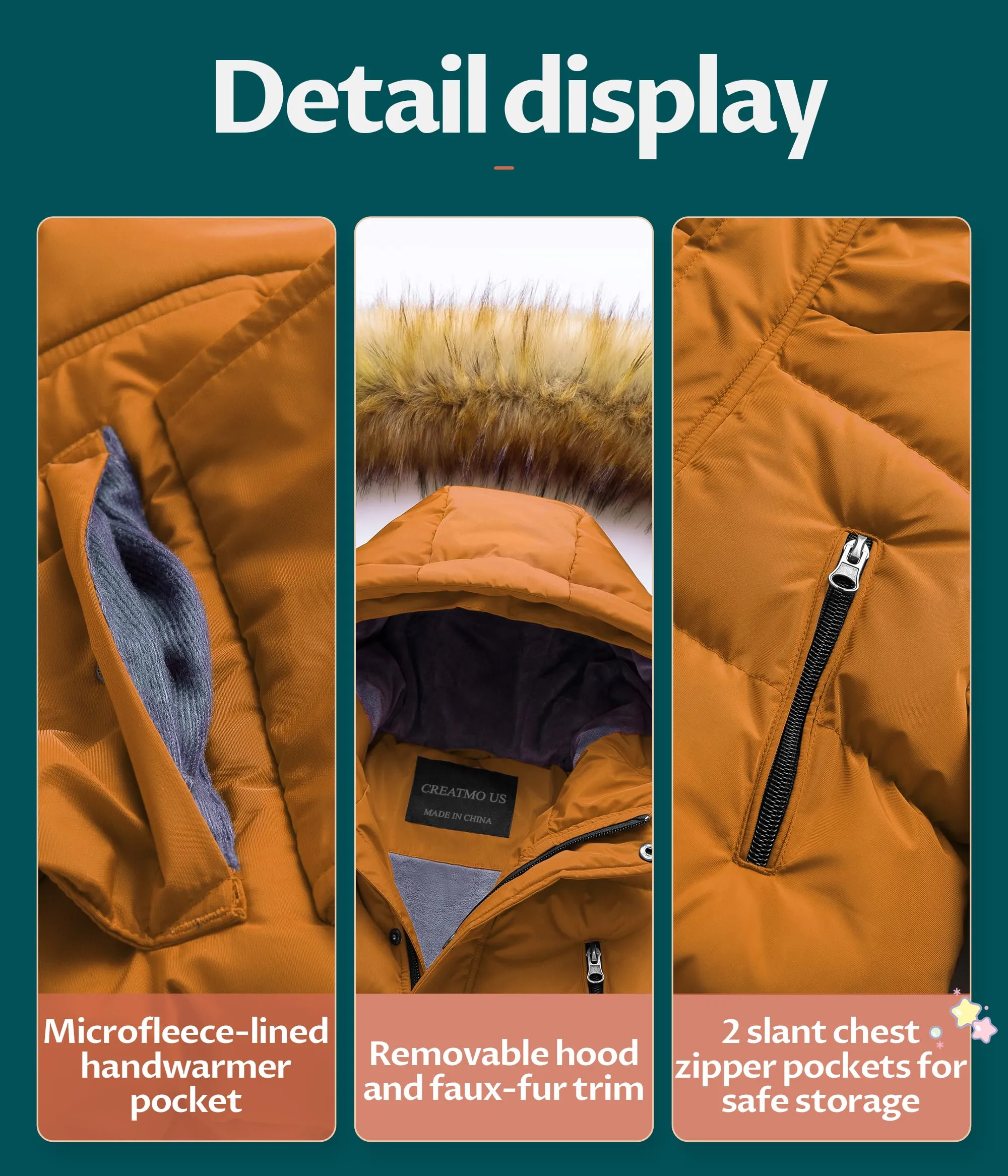CREATMO US Big Boys Winter Coat Windproof Stylish Youth Puffer Jacket Fleece Thicken Kids Parka With Removable Hood Tan 14-16