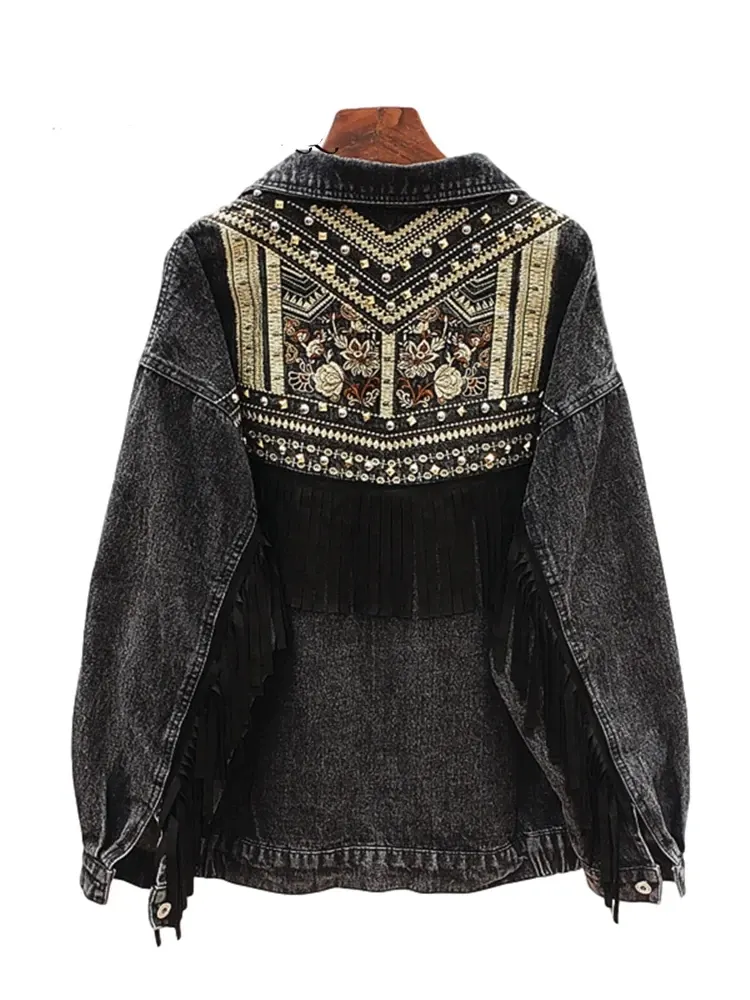 Denim Jacket Floral Embroidery Suede Fringe Loose Chaquetas Mujer Coat Long Sleeve Outerwear