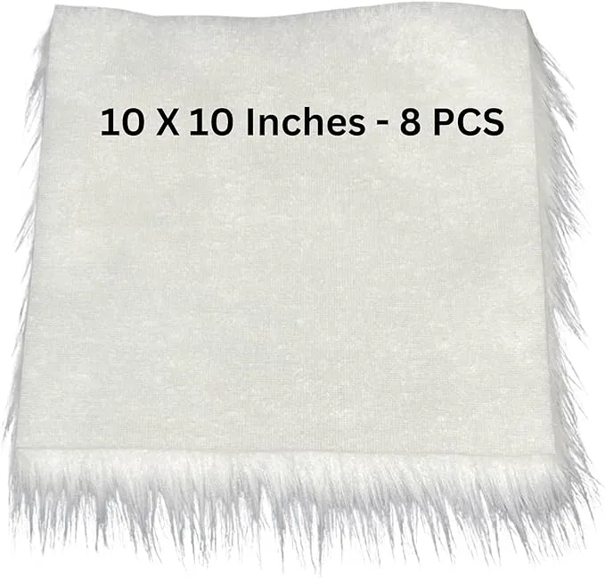FabricLA Faux Fur Fabric - 8 Pieces Square Fur Material Fabric - 10" X 10" Inches (25cm x 25cm) - Shaggy Fur Patches Fabric Cuts Chair Cover Seat Cushion for DIY Craft - White