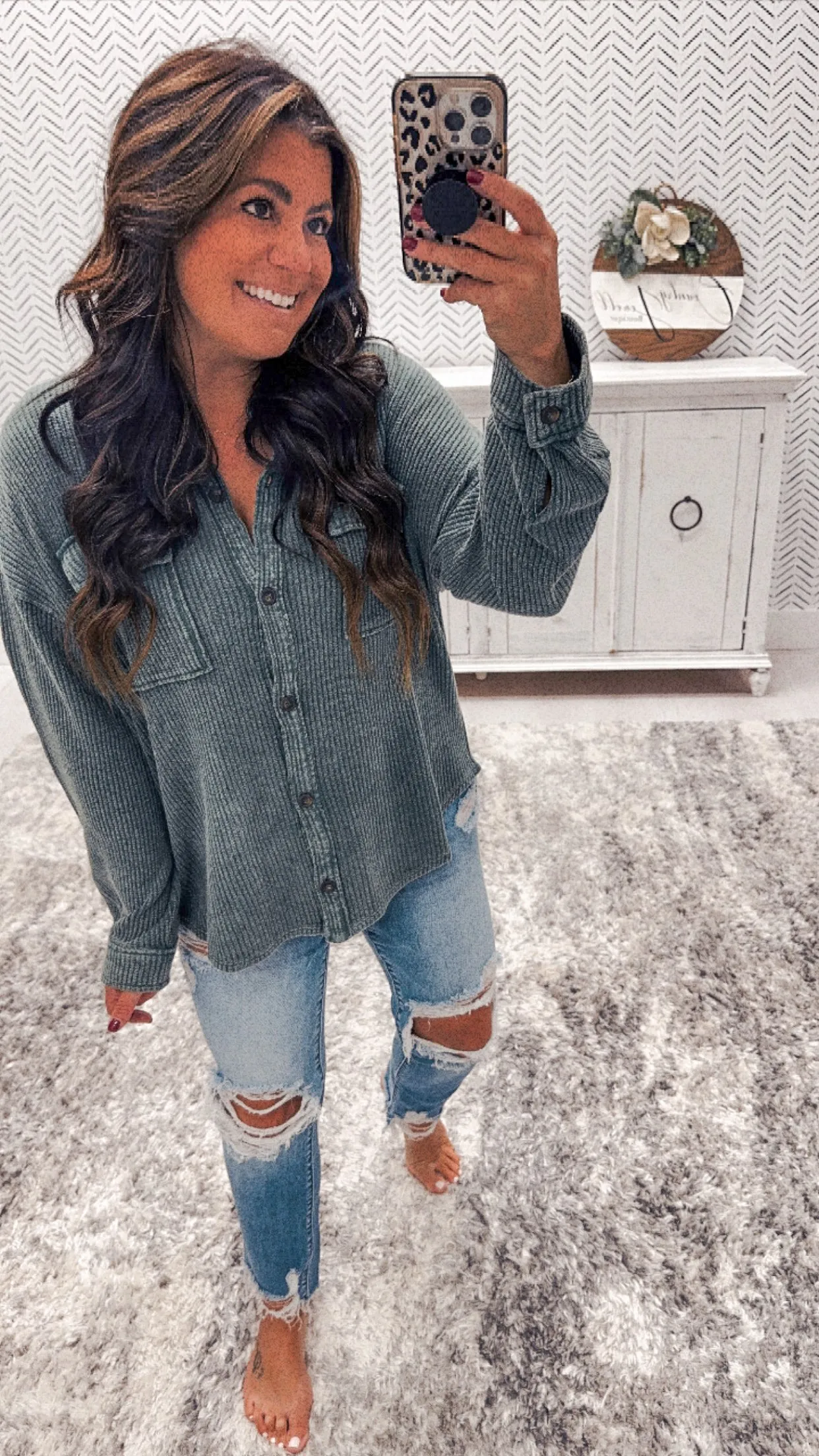 Fall Green Ribbed Front Button Shacket