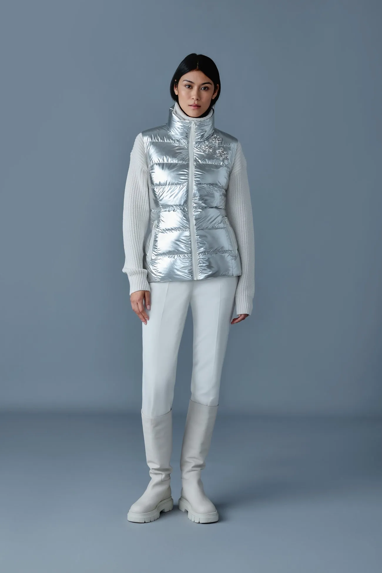 GISELA-MSF Metallic laminate snowflake down vest Silver
