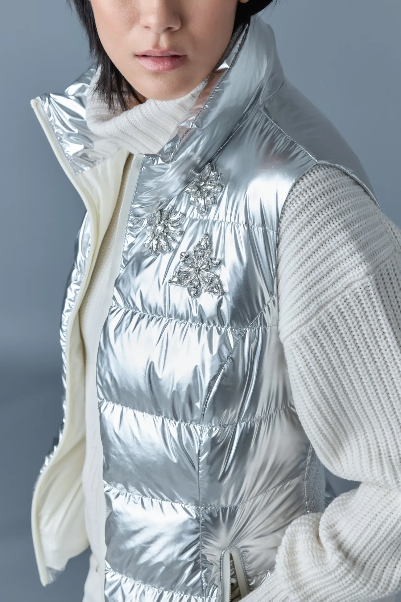 GISELA-MSF Metallic laminate snowflake down vest Silver