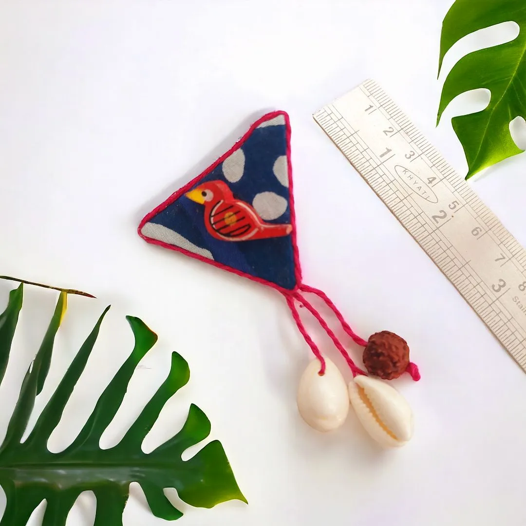 Indigo Fabric Triangular Earrings with Red Wooden Bird Accent