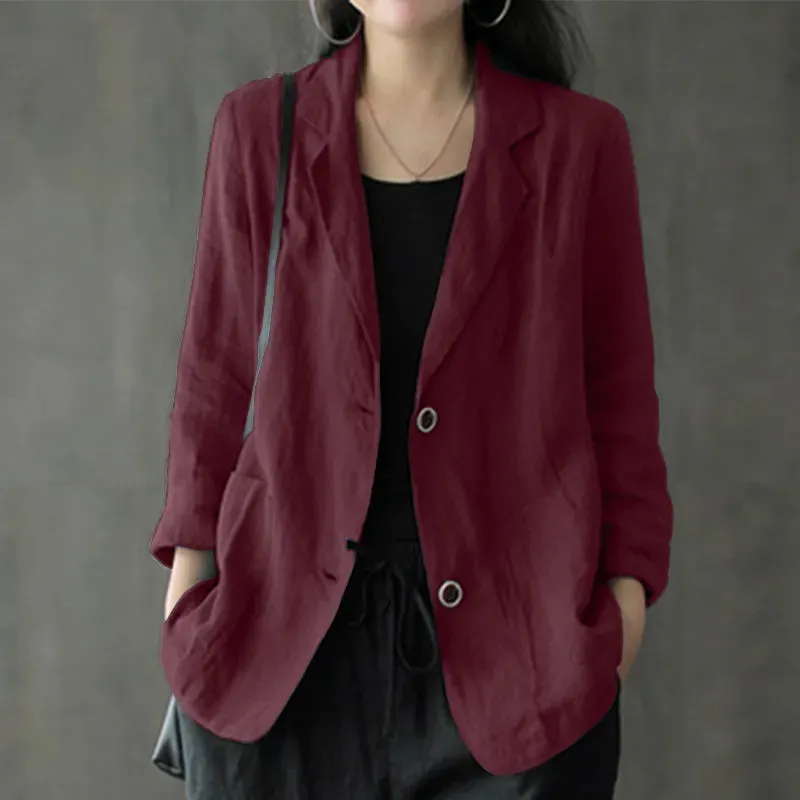 jf23 Women Lapel Neck Long Sleeve Blazer Autumn Vintage Casual Solid Cotton Blazer Elegant Cardigan Thin Coats Work Suits