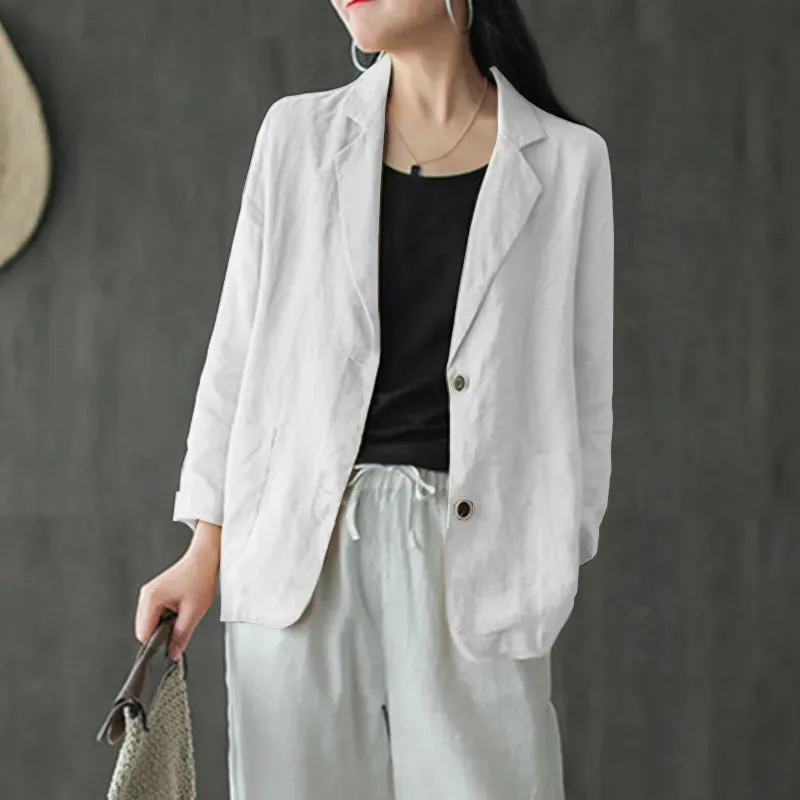 jf23 Women Lapel Neck Long Sleeve Blazer Autumn Vintage Casual Solid Cotton Blazer Elegant Cardigan Thin Coats Work Suits