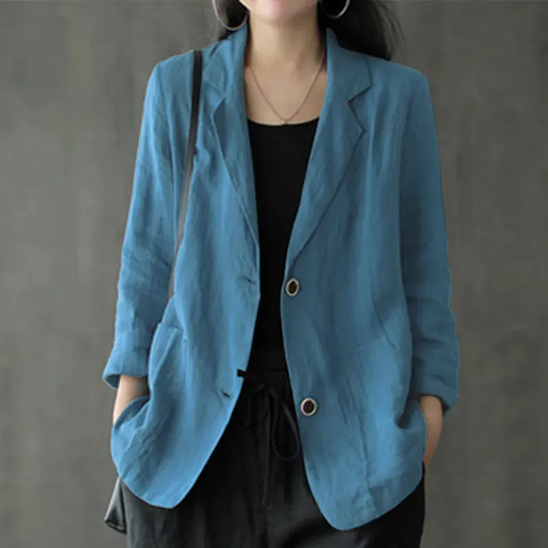 jf23 Women Lapel Neck Long Sleeve Blazer Autumn Vintage Casual Solid Cotton Blazer Elegant Cardigan Thin Coats Work Suits
