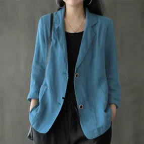 jf23 Women Lapel Neck Long Sleeve Blazer Autumn Vintage Casual Solid Cotton Blazer Elegant Cardigan Thin Coats Work Suits