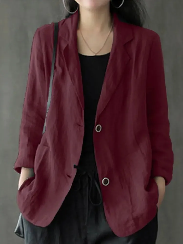 jf23 Women Lapel Neck Long Sleeve Blazer Autumn Vintage Casual Solid Cotton Blazer Elegant Cardigan Thin Coats Work Suits