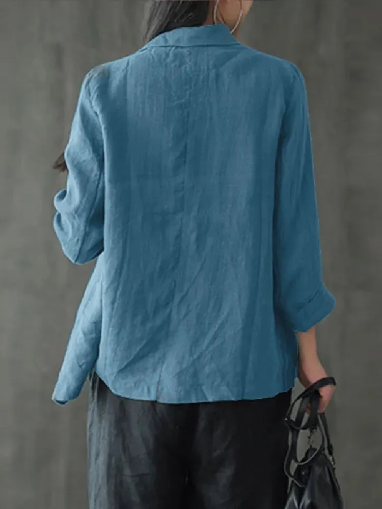 jf23 Women Lapel Neck Long Sleeve Blazer Autumn Vintage Casual Solid Cotton Blazer Elegant Cardigan Thin Coats Work Suits