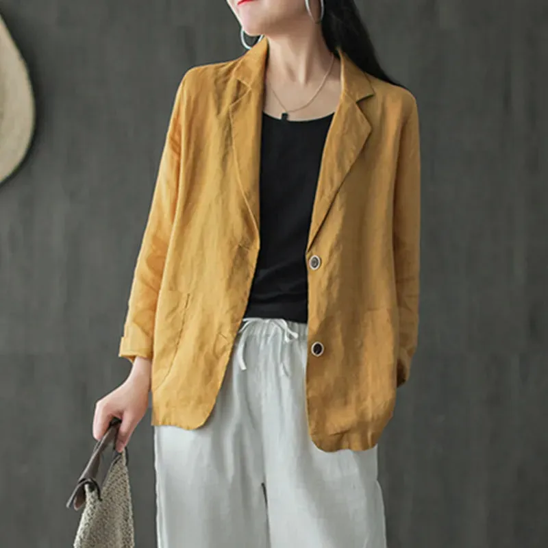 jf23 Women Lapel Neck Long Sleeve Blazer Autumn Vintage Casual Solid Cotton Blazer Elegant Cardigan Thin Coats Work Suits