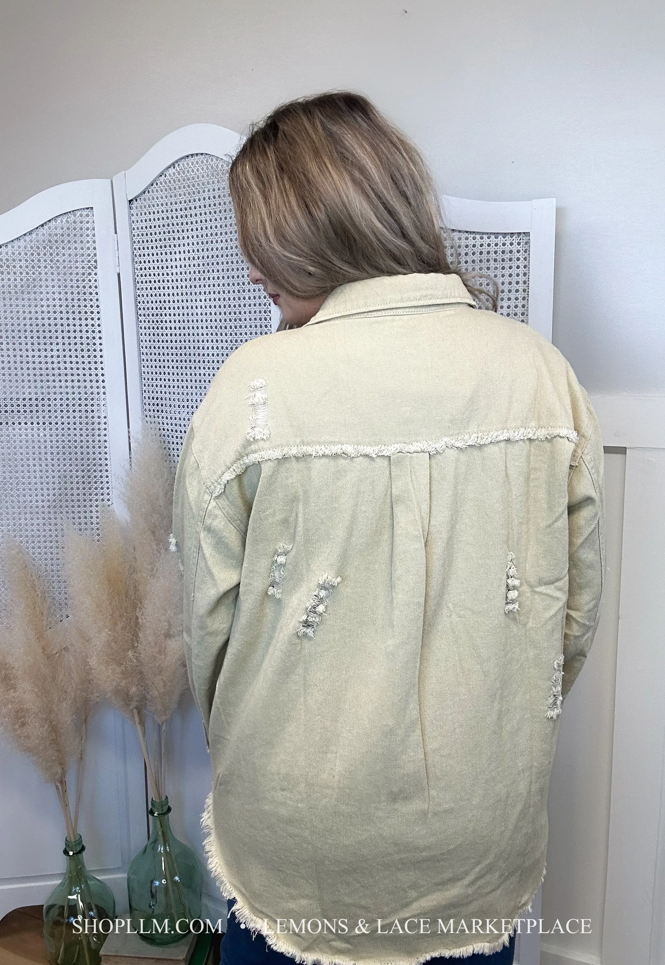 Khaki Tattered Frayed Denim Jacket