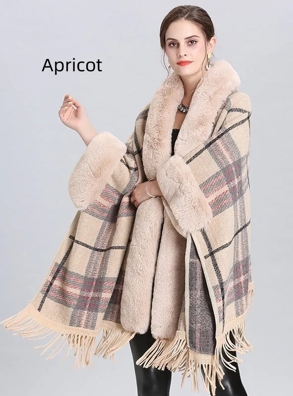 Large Size Fur Collar Plaid Fringed Cloak Shawl