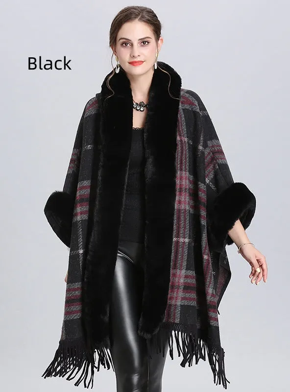 Large Size Fur Collar Plaid Fringed Cloak Shawl