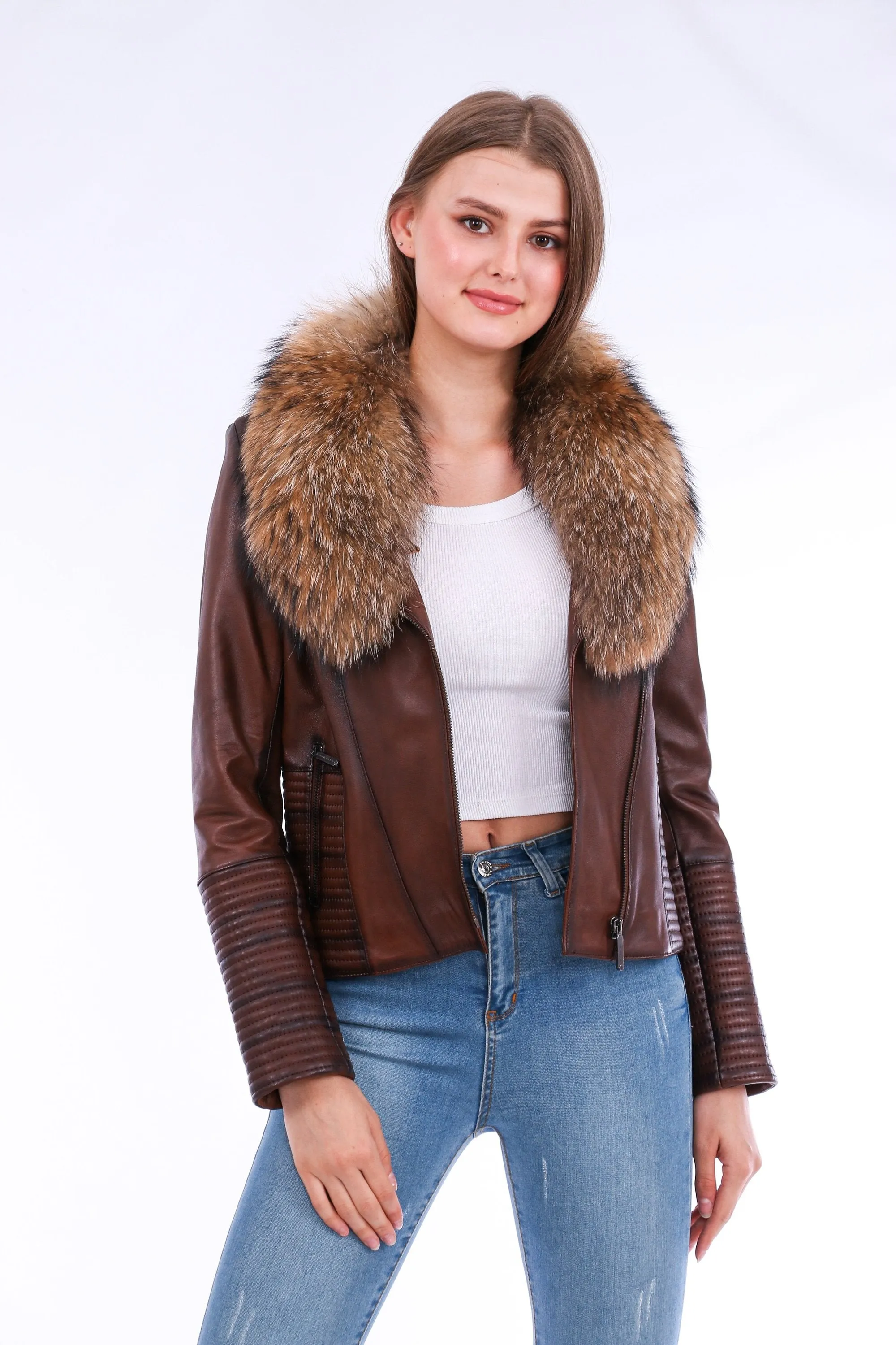 Leather Biker Jacket - Brown