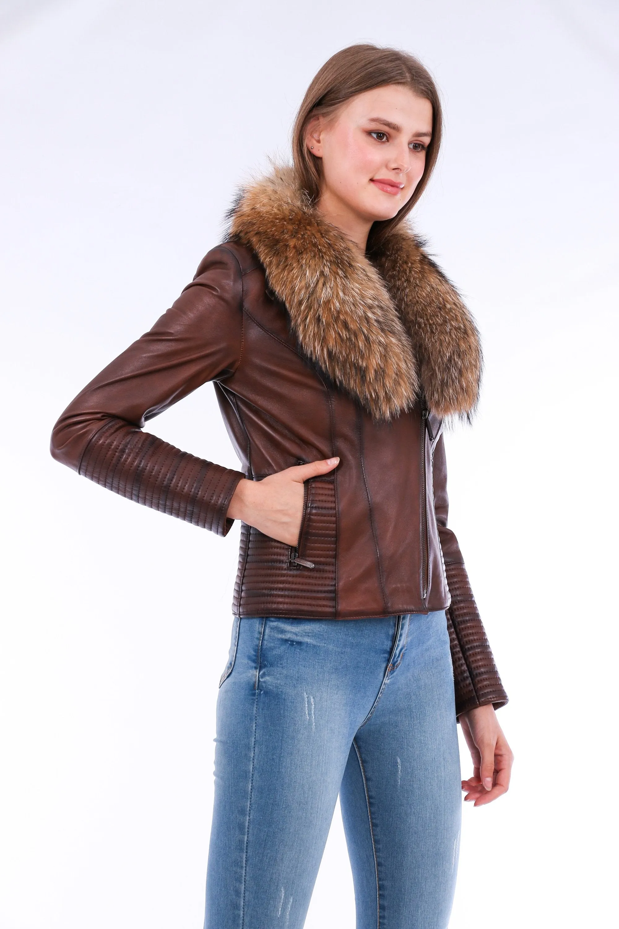 Leather Biker Jacket - Brown