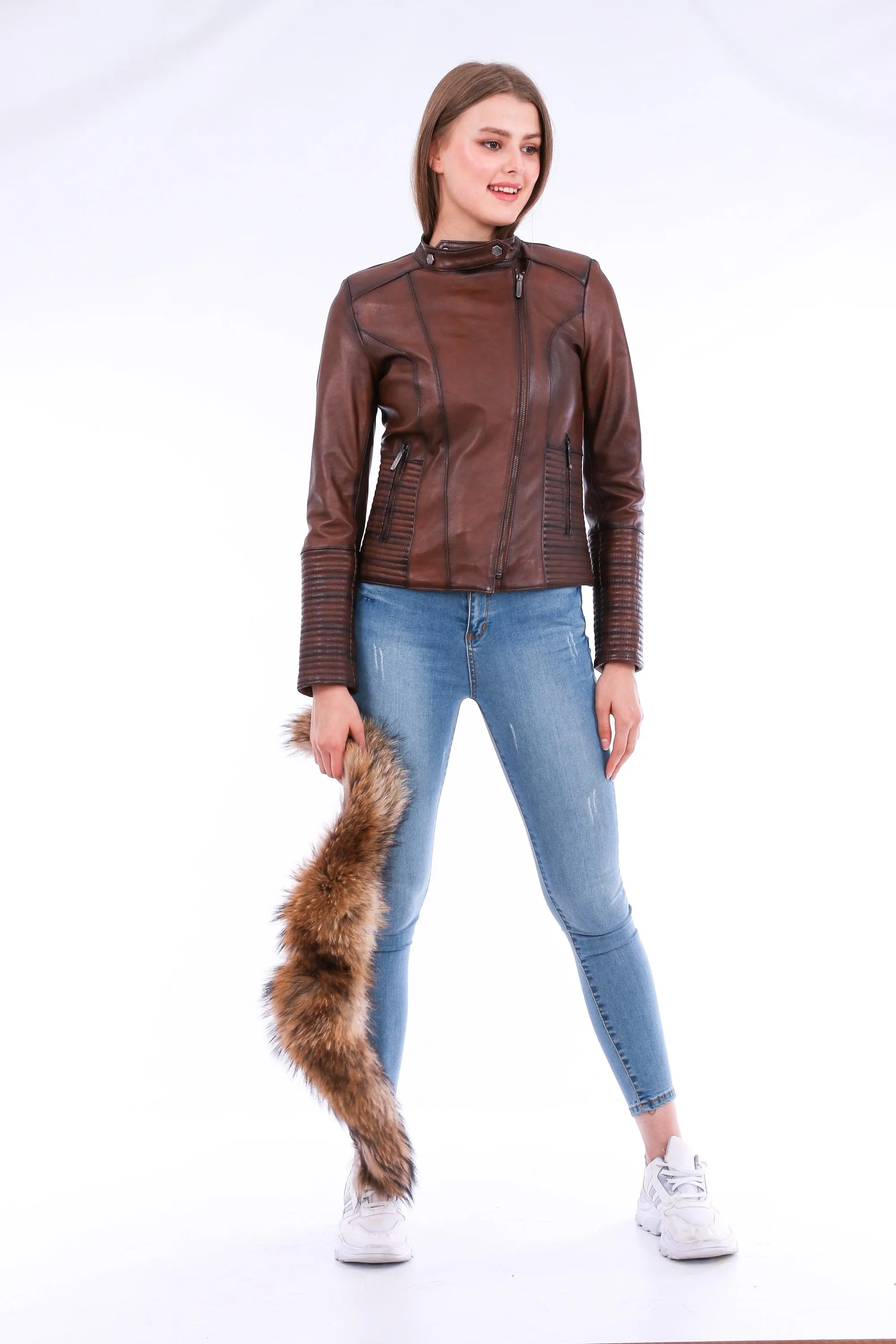 Leather Biker Jacket - Brown
