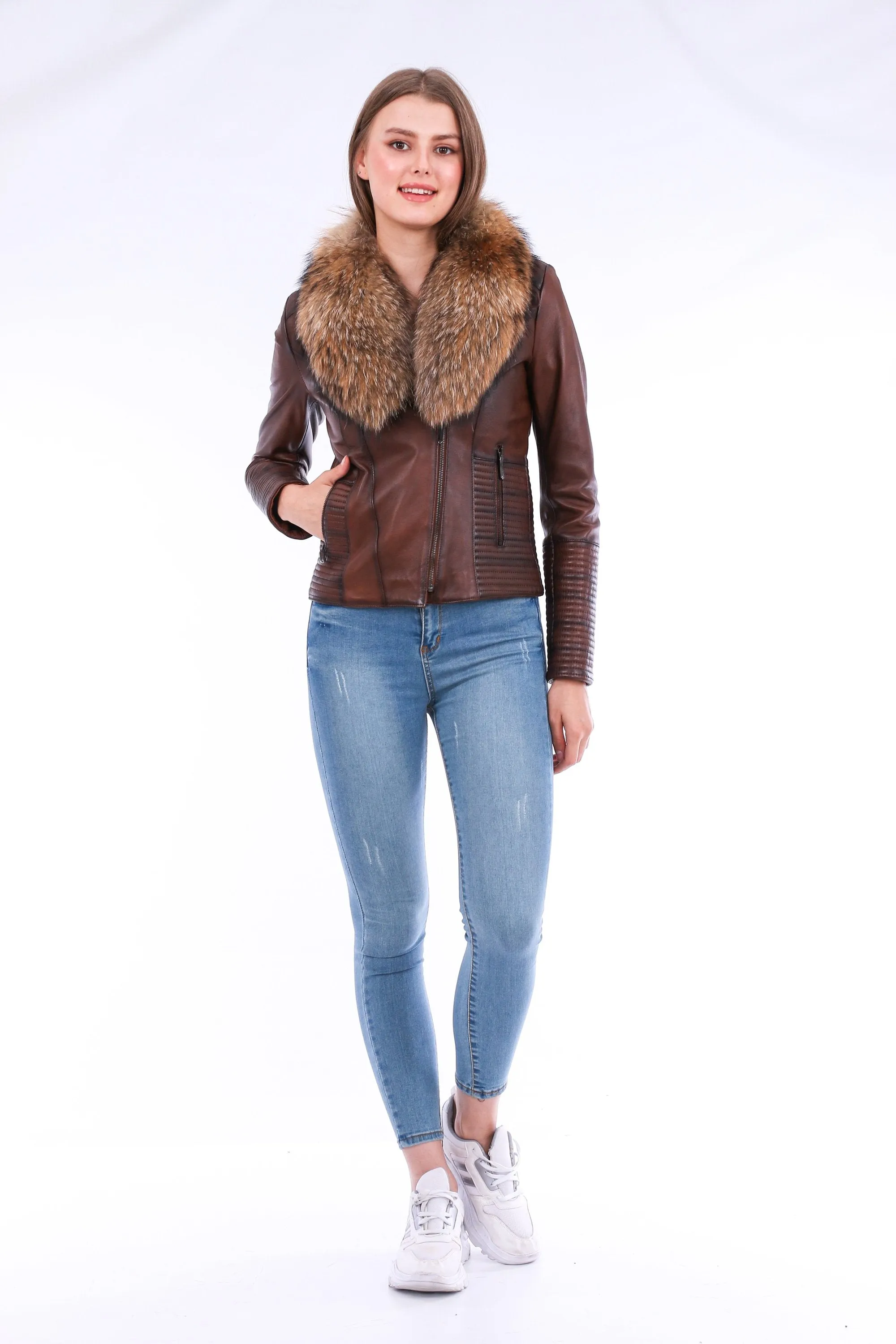 Leather Biker Jacket - Brown