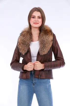Leather Biker Jacket - Brown