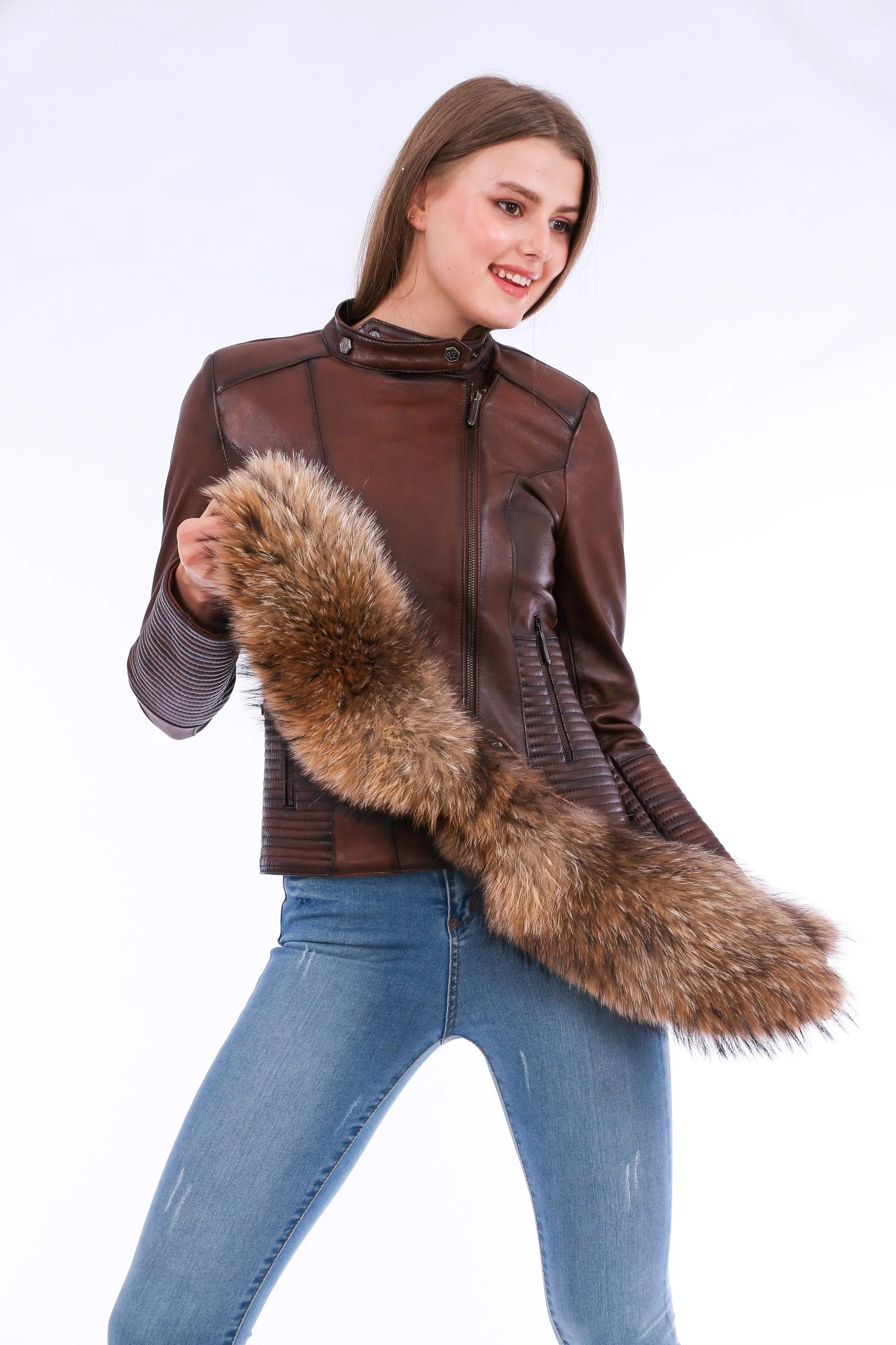 Leather Biker Jacket - Brown