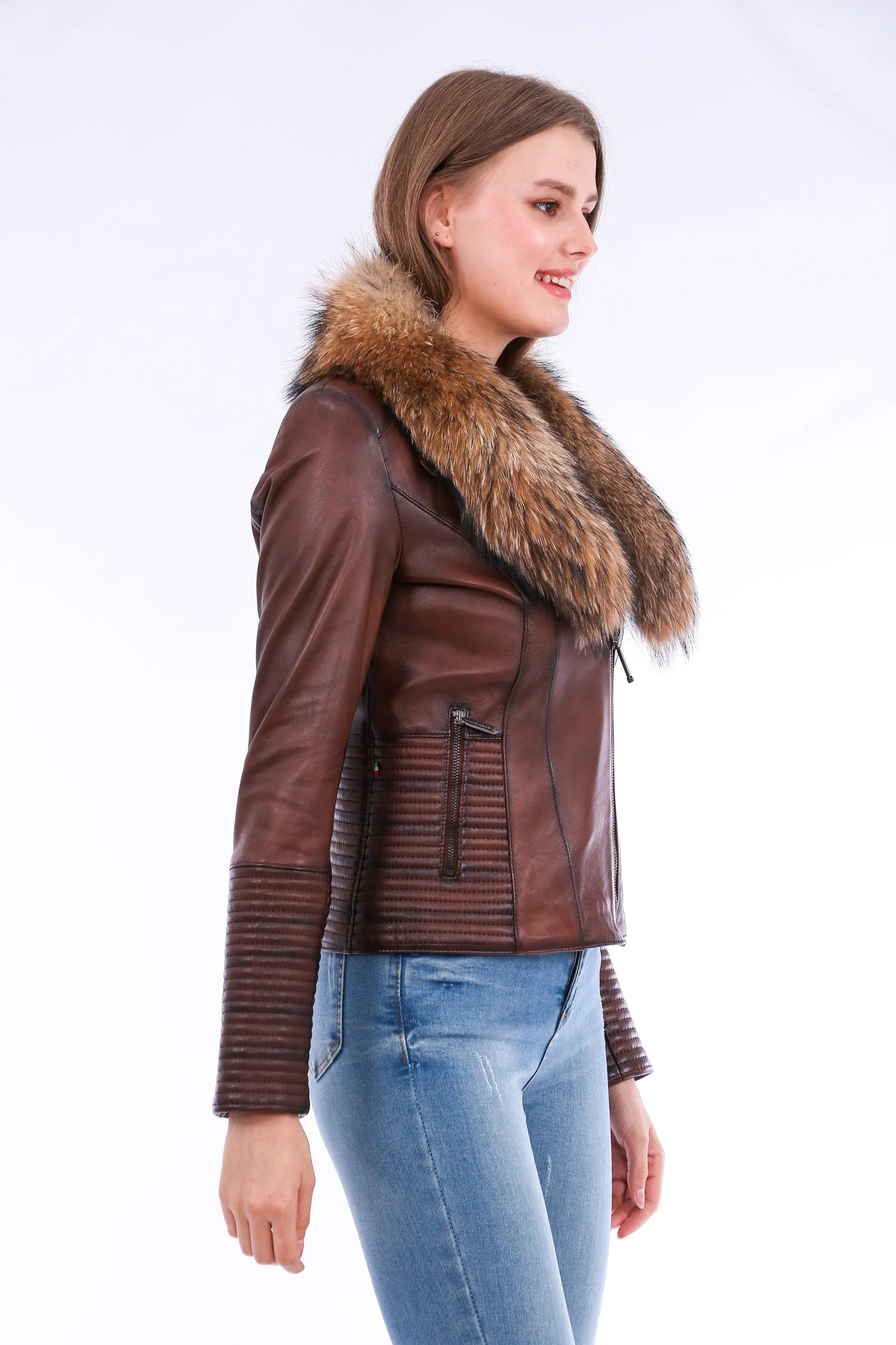 Leather Biker Jacket - Brown