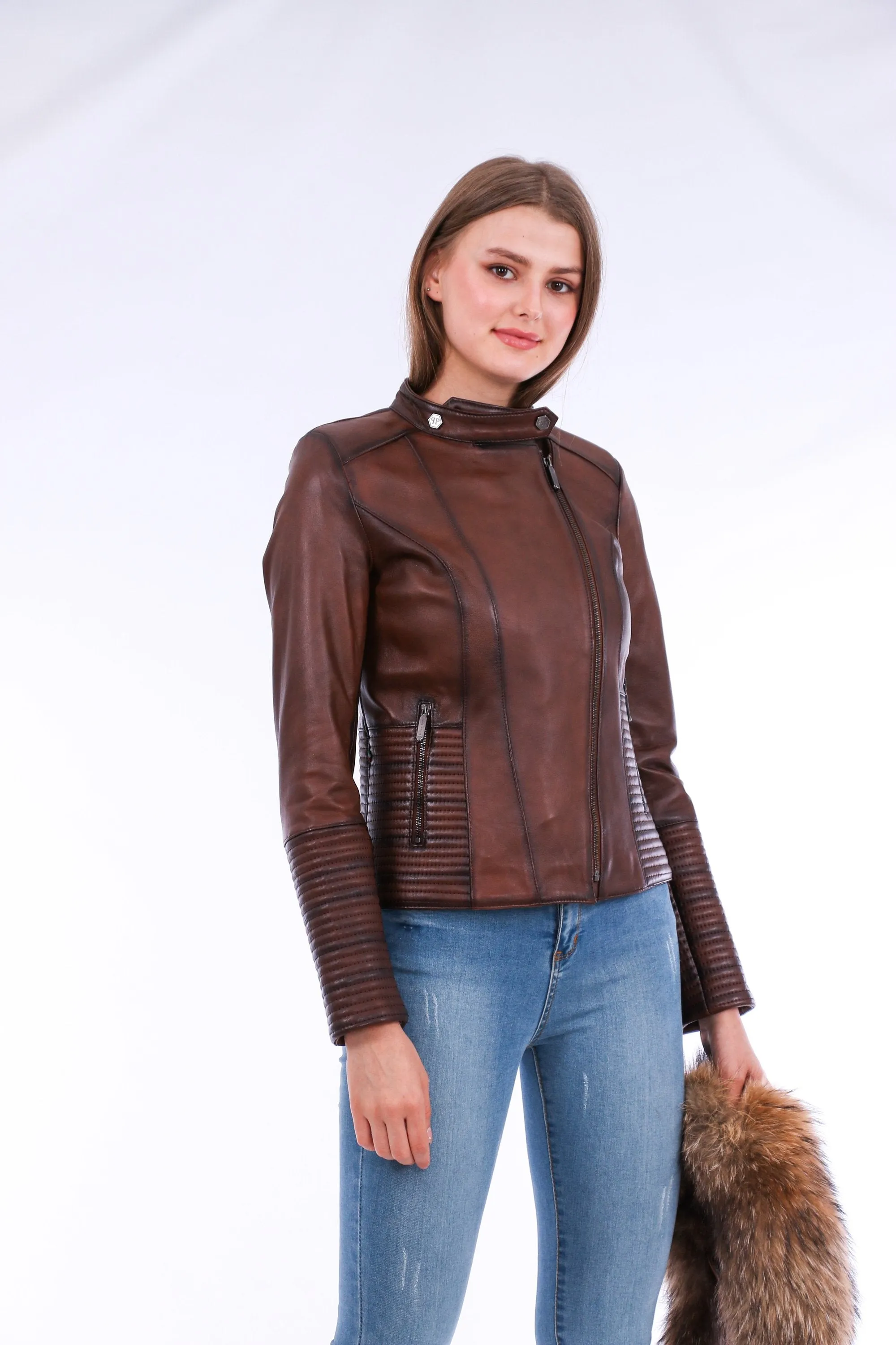 Leather Biker Jacket - Brown